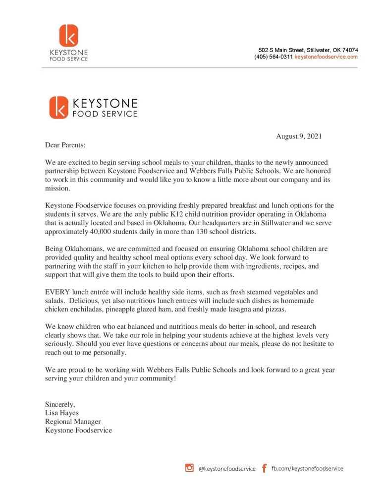 Keystone Foods Welcome Letter